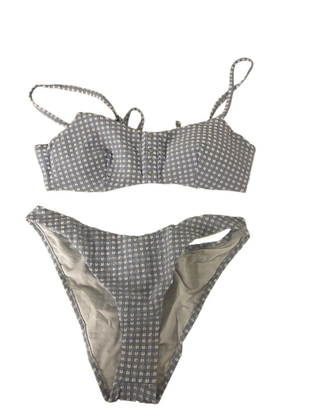 Oysho Women Bikini Set Gingham checked Small Blue White High Leg 2440/909 NWT